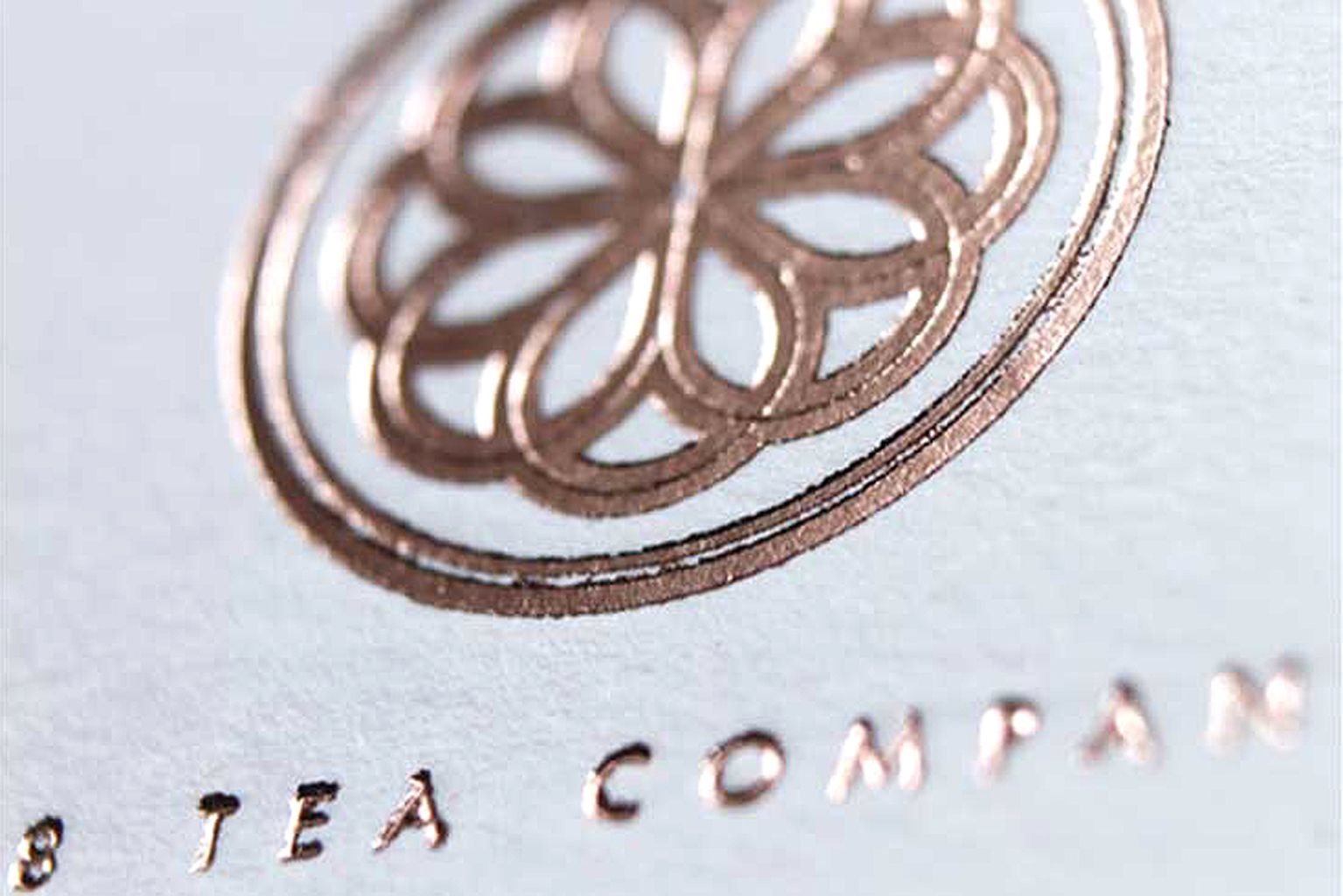 Luxurious Rose Gold Foil Stamping | 108 Tea Company Name Card Rose Gold Foil Stamping